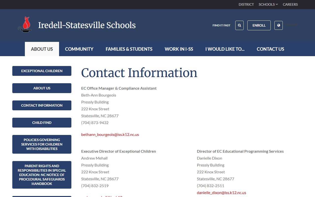Statesville phone directory Iredell-Statesville Schools Exceptional Children contacts