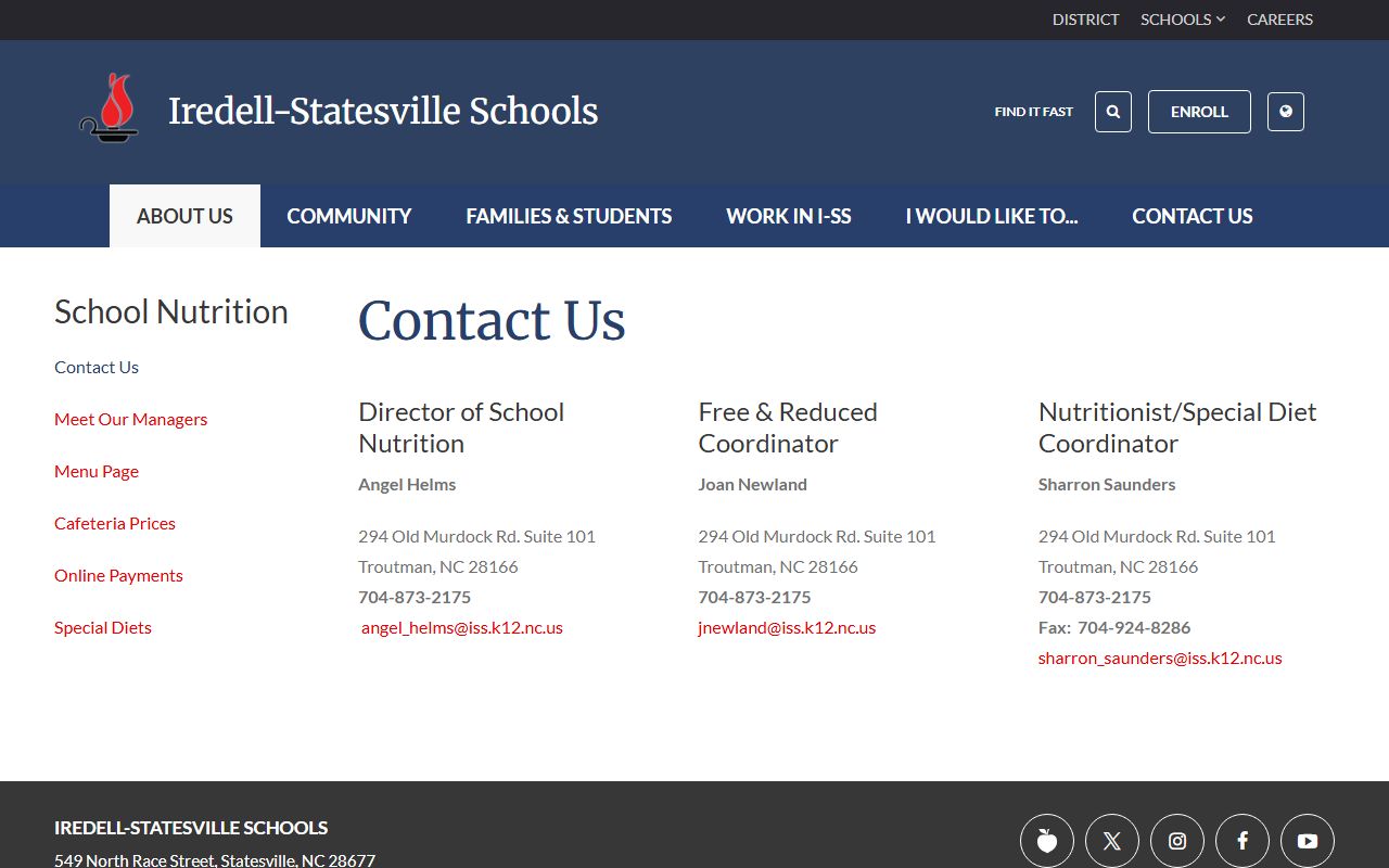 Statesville phone numbers Iredell-Statesville Schools nutrition contacts